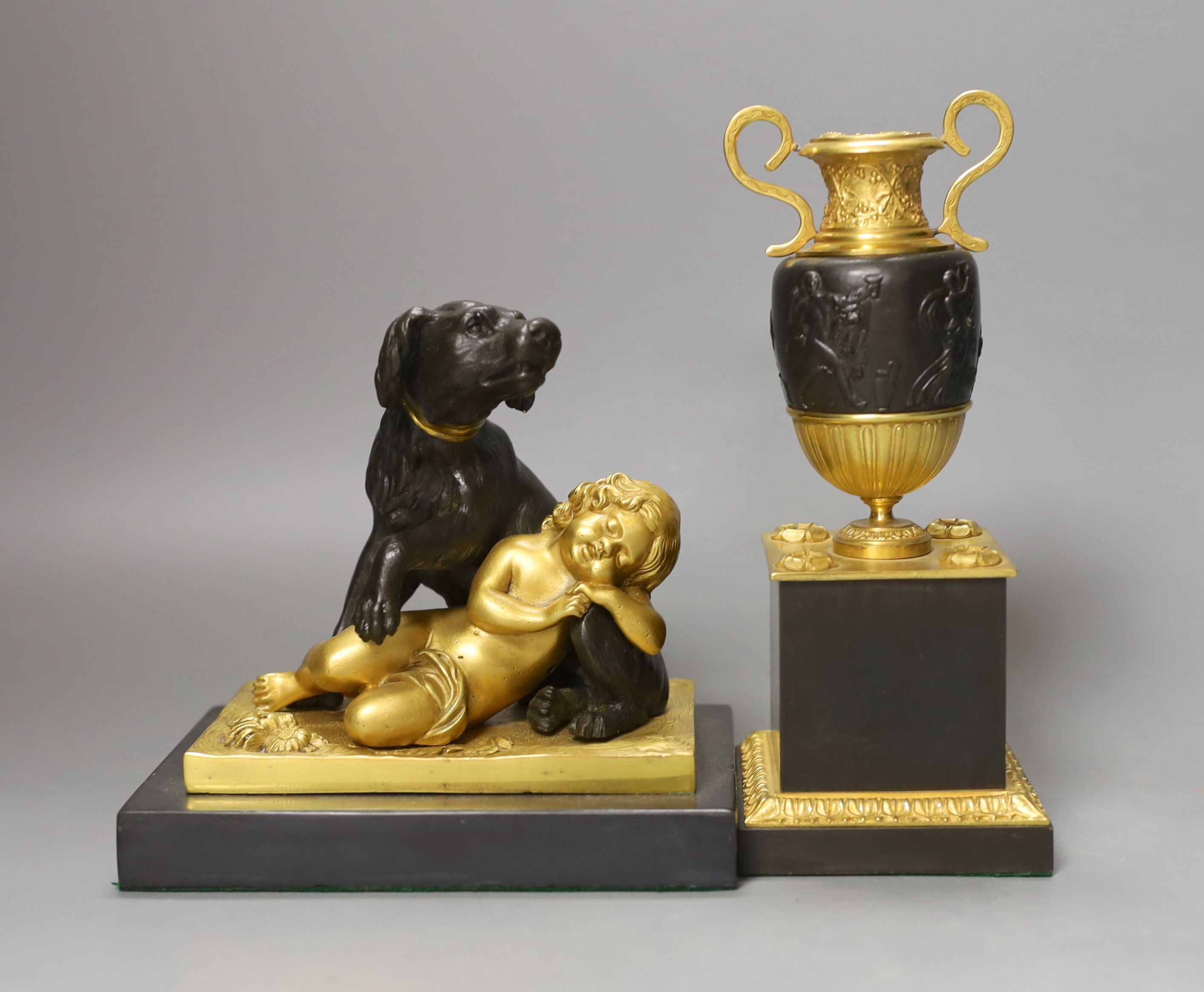 A French style gilt metal ‘urn’ inkstand/pot pourri and similar ‘dog and child’ paperweight. Tallest 19.5cm